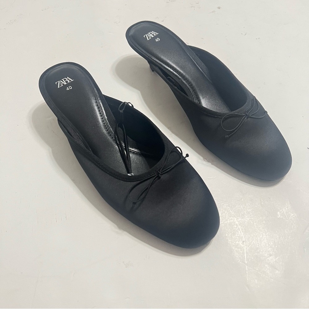 Zara Black Satin Kitten Heel Mules with Bow - Picture 8 of 13